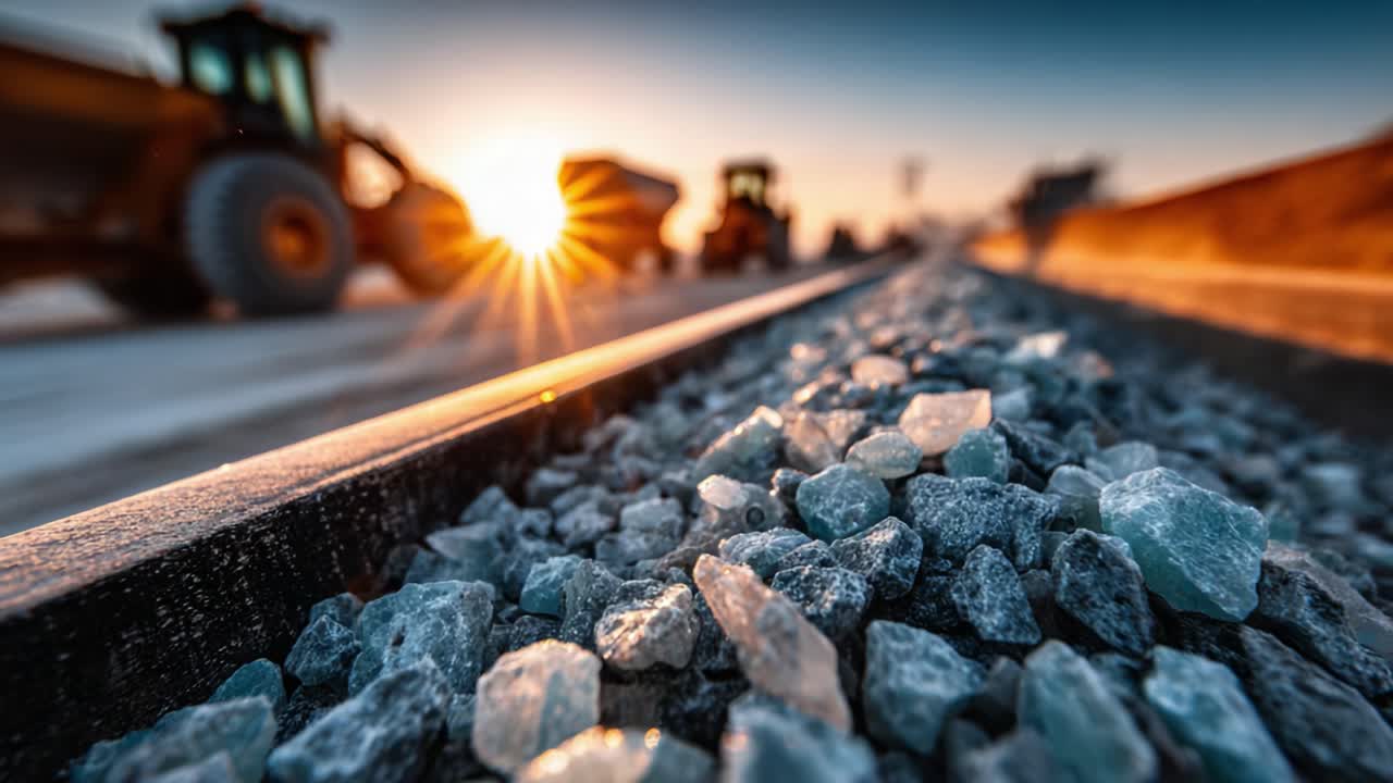 Sunset at the Construction Site: Close-Up of Crushed Stone and Heavy Machinery Preparing for Railroad Bed Installation