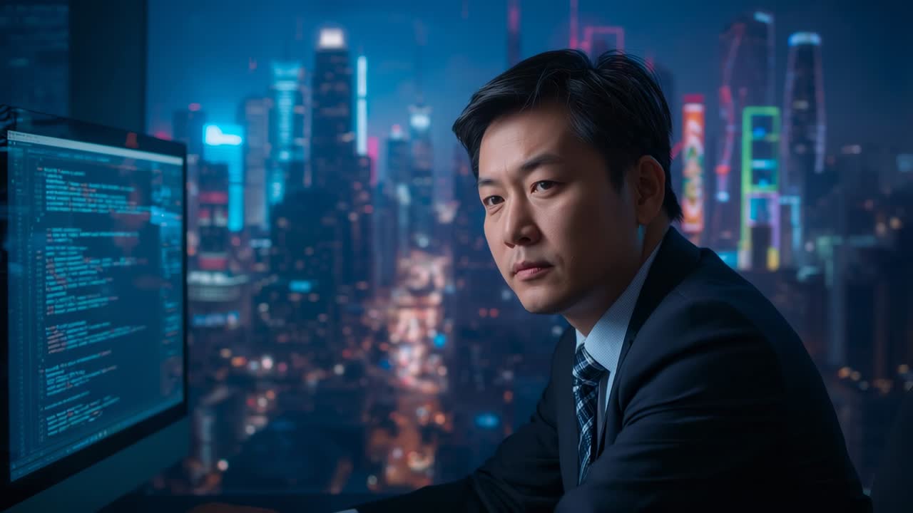 Starting code review, East Asian man in suit reading code on monitor at high-rise office, cityscape