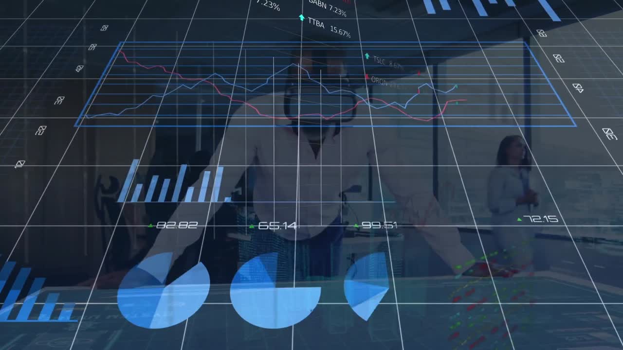 사무실에서 vr 헤드 ⁇ 을 착용하는 아프리카계 미국인 사업가에 대한 데이터 처리와 디지털 인터페이스