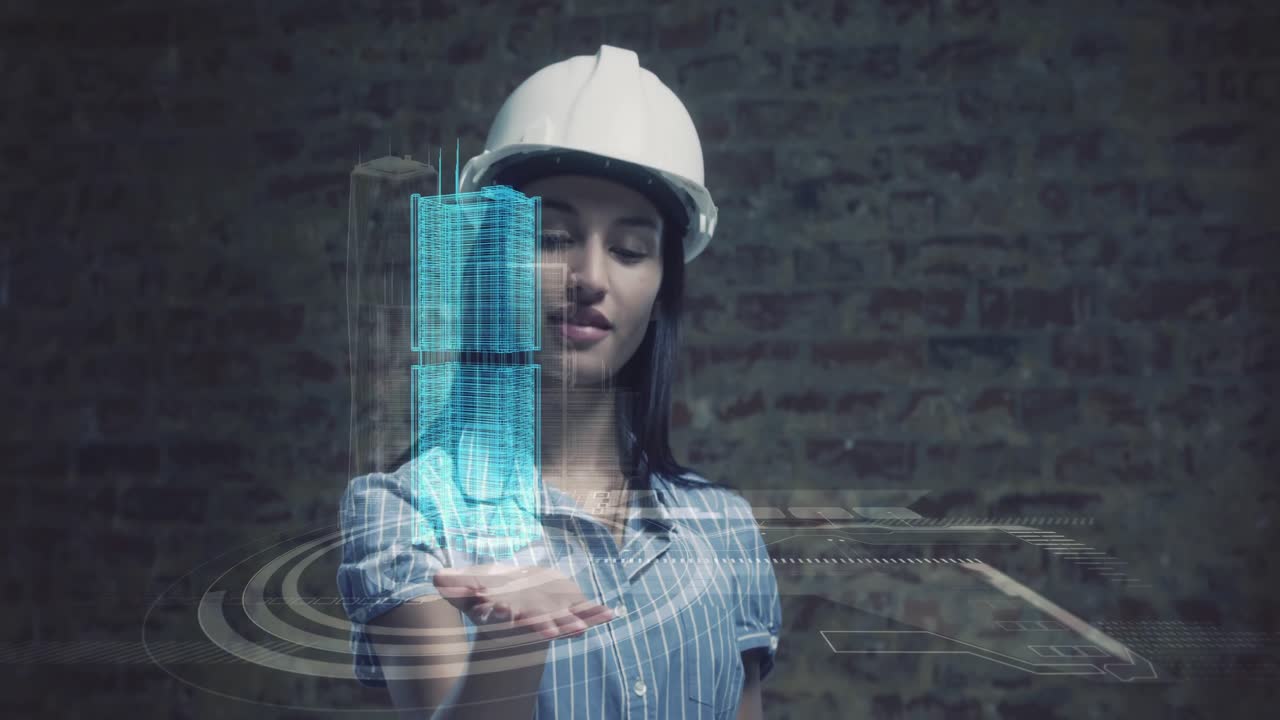 animación de un modelo interactivo en 3d de la ciudad girando sobre la mano de una arquitecta