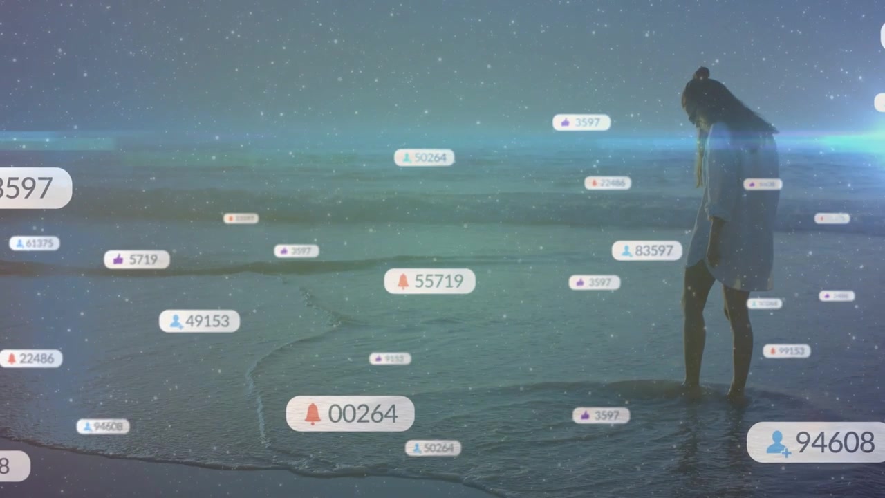 Woman standing dusk beach cursor click causing UX badges drifting toward legs for marketers