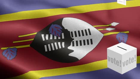 ballots fly to box for swaziland selection - ballot box in front of flag - election - vote - flag of swaziland - swaziland flag high detail - national flag swaziland wave pattern loopable elements - fabric texture and endless loop