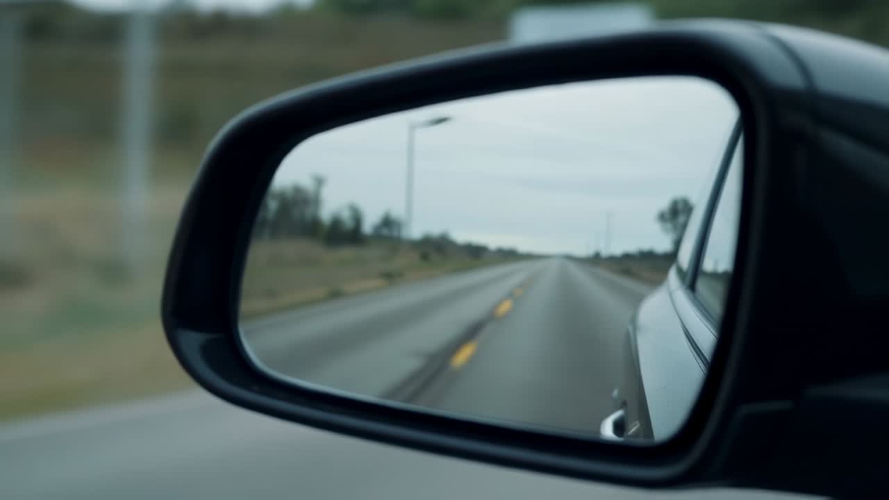 Visualizzazione dello specchietto retrovisore lato passeggero che riflette una strada a due corsie che si allontana mentre l'auto avanza