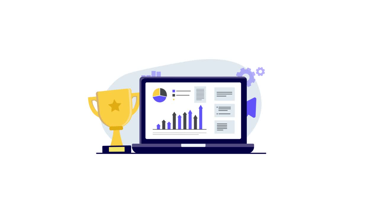 Animated Laptop Displaying Business Growth Data and Trophy