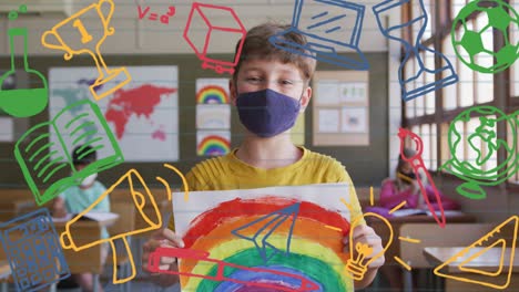 animation of school items icons moving over schoolboy wearing face mask