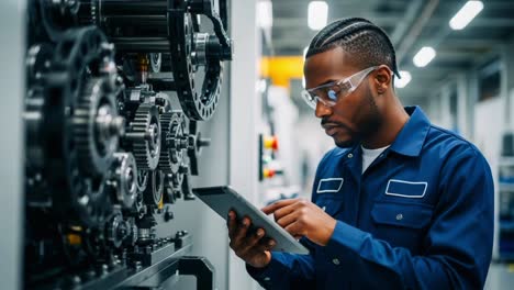 focused technician utilizing digital device in an industrial environment surrounded by mechanical components and advanced machinery for precision tasks