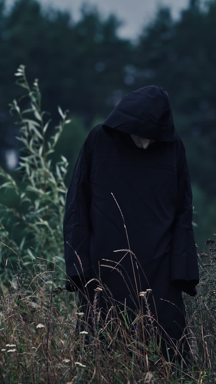 Spooky figure standing in field. Lone hooded figure standing in a field looking at the camera Vertical video