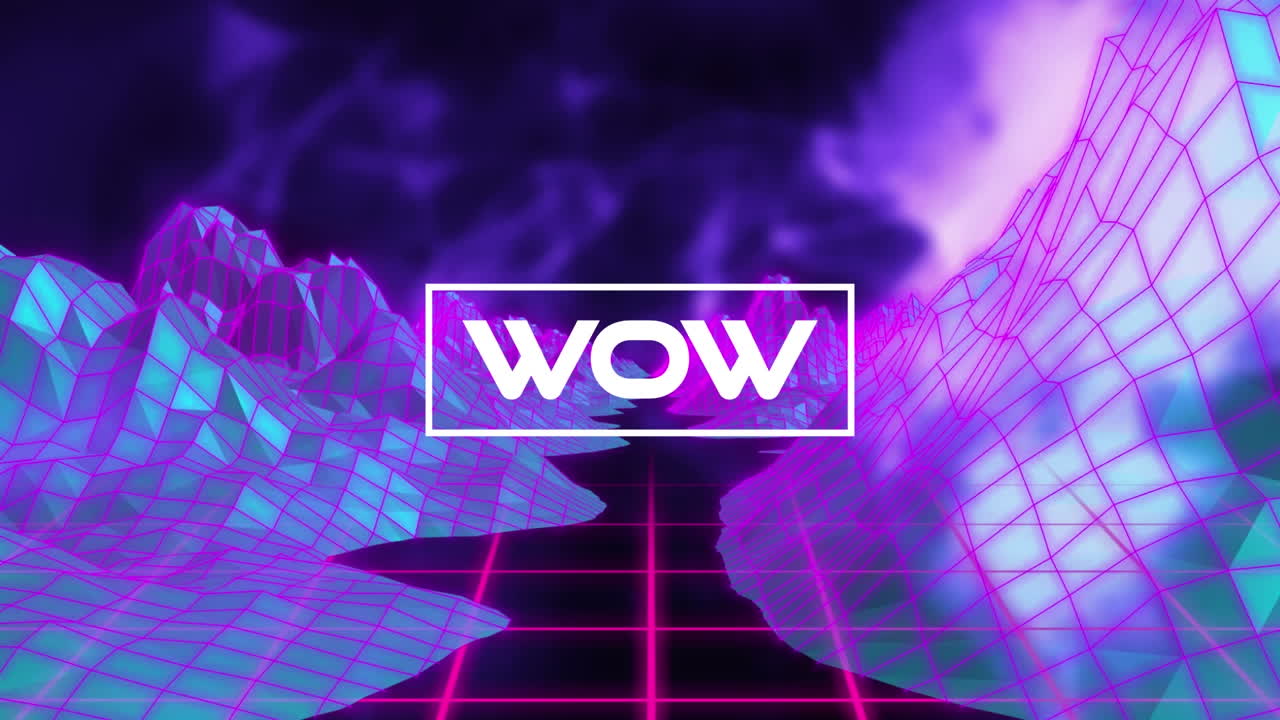 검은색 배경의 디지털 산 위에 와우 텍스트의 애니메이션