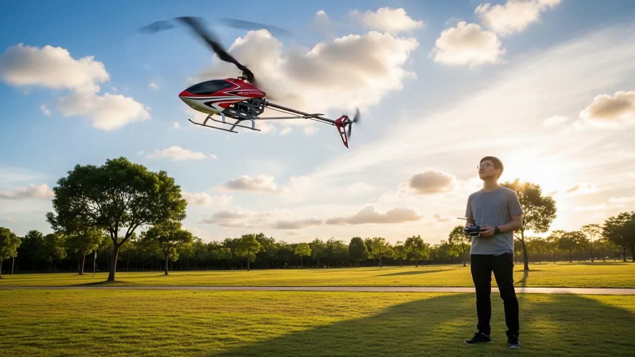 Astonishing Moment of Remote Control Helicopter in Action: A Skilled Operator Commands His Drone Amidst a Beautiful Landscape at Dusk