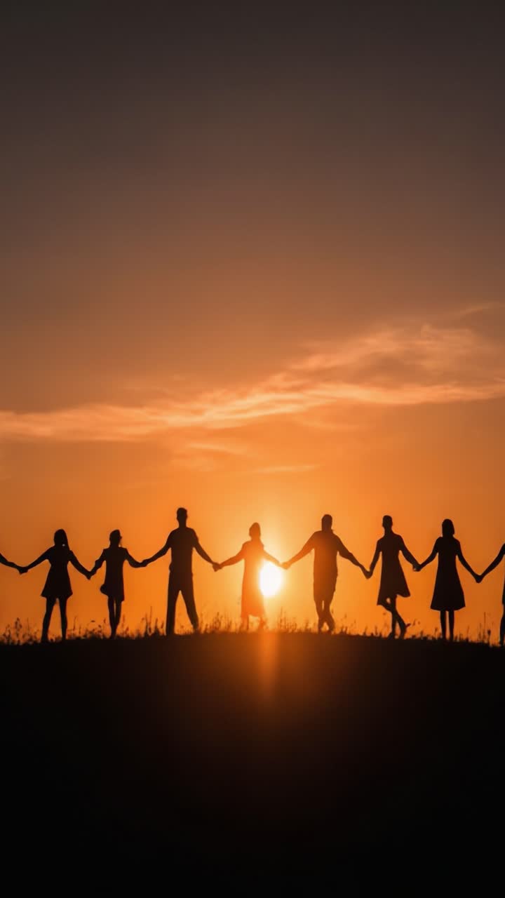 A Group of Silhouetted Individuals Holding Hands Against a Gorgeous Sunset Sky, Symbolizing Unity, Togetherness, and Connection in a Beautiful Natural Setting
