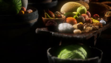 food-table-with-wine-barrels-and-some-fruits,-vegetables-and-bread