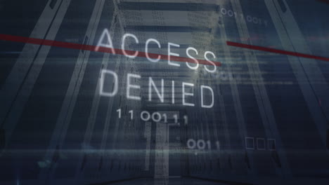 animación de textos de acceso denegado, códigos binarios y lenguaje de computadora, vista de ángulo bajo de la sala del servidor