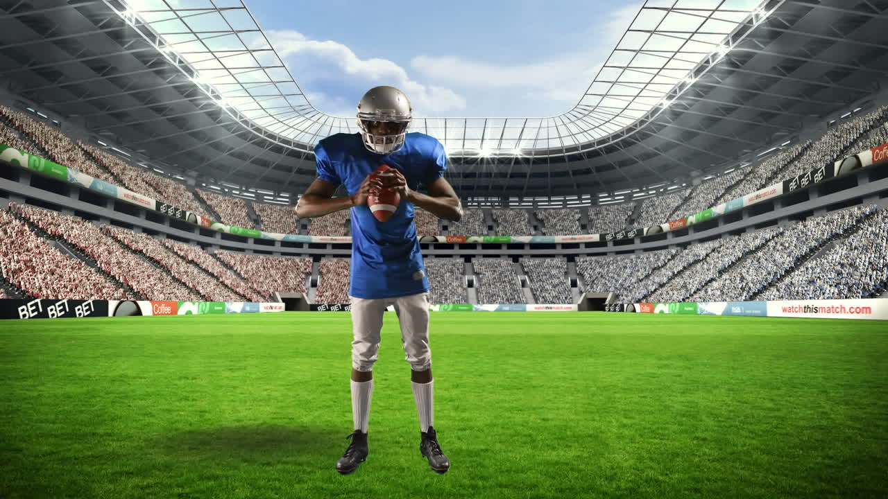 Animace hráče amerického fotbalu nad sportovním stadionem.