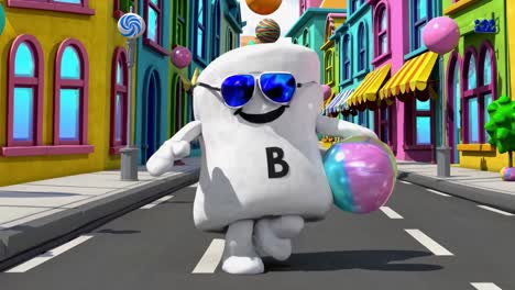 marshmallow character in a colorful city