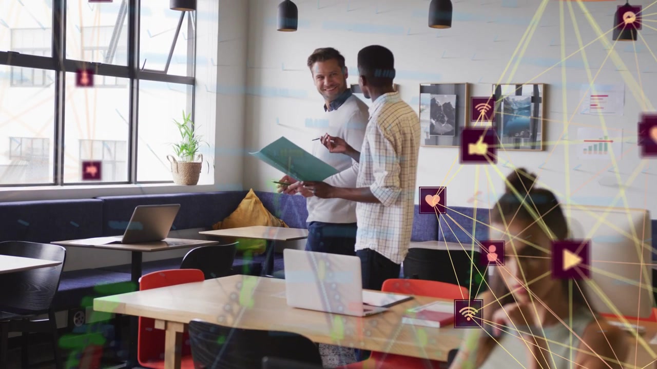 Woman using phone, two men walking pointing, network icons initiating device links for business