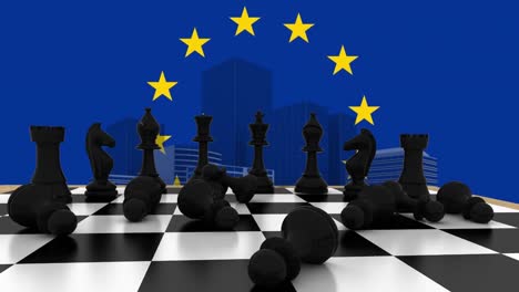 Animation-of-black-chess-pieces,-european-union-flag-and-modern-buildings-against-blue-background