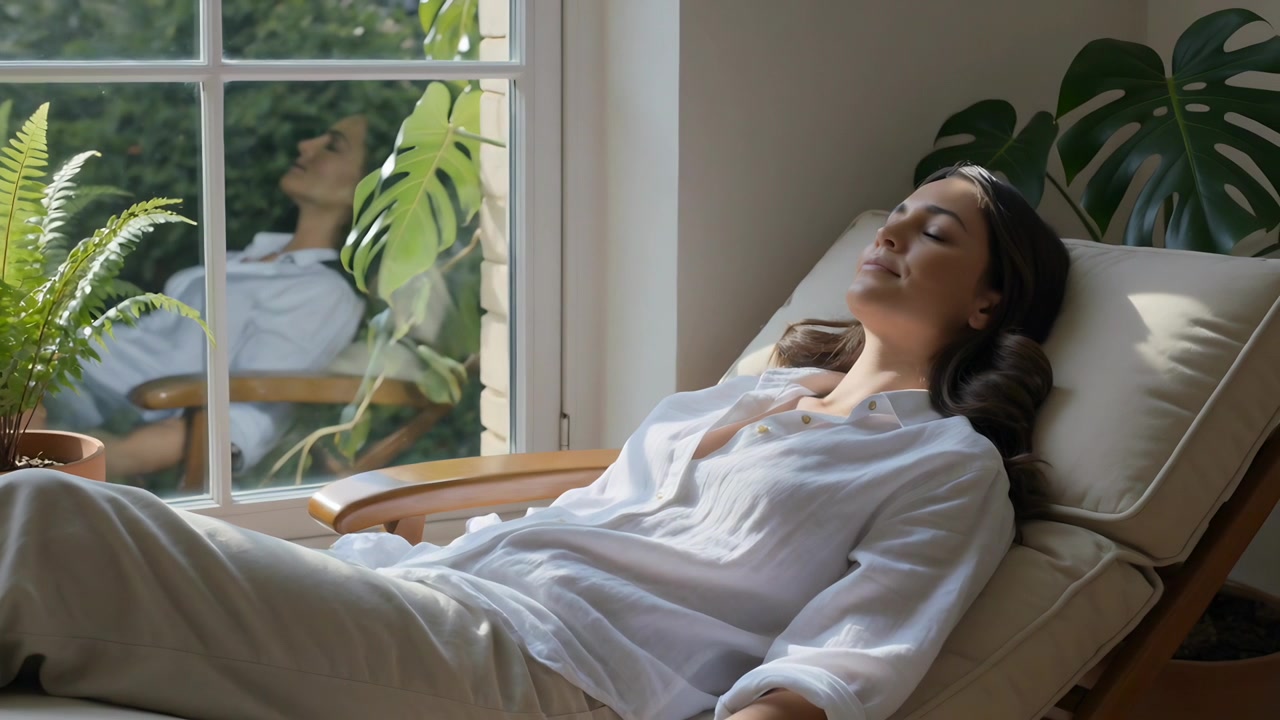 Donna sdraiata in camicia bianca che si rilassa chiudendo gli occhi mentre la telecamera si avvicina alla finestra, spazio per il testo.