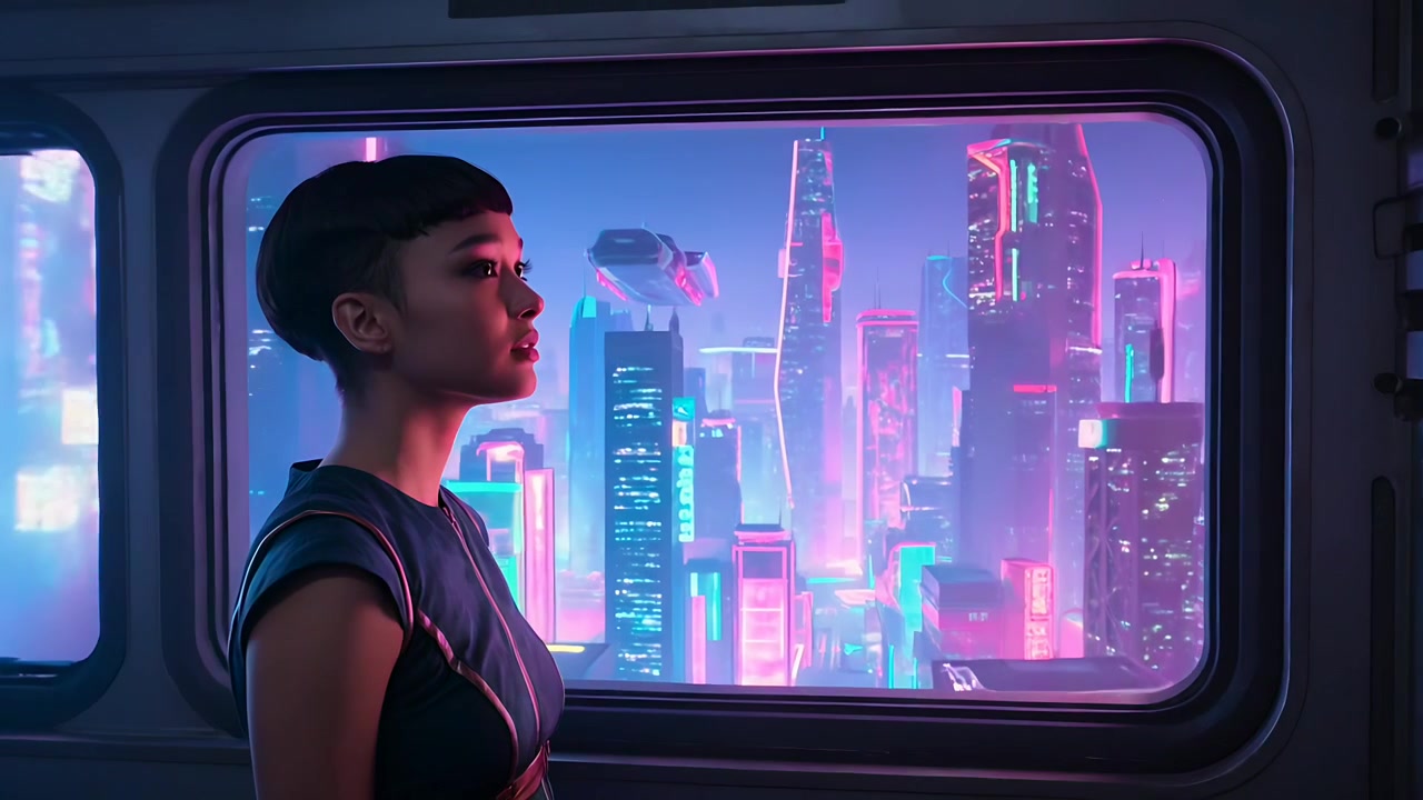 Drone passando, mulher em traje futurista virando e encostando-se à janela panorâmica, observando a cidade de néon.