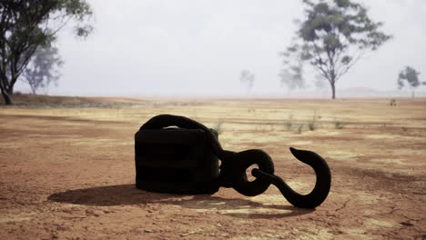 rusty hook resting on dry earth near sparse trees during bright daylight