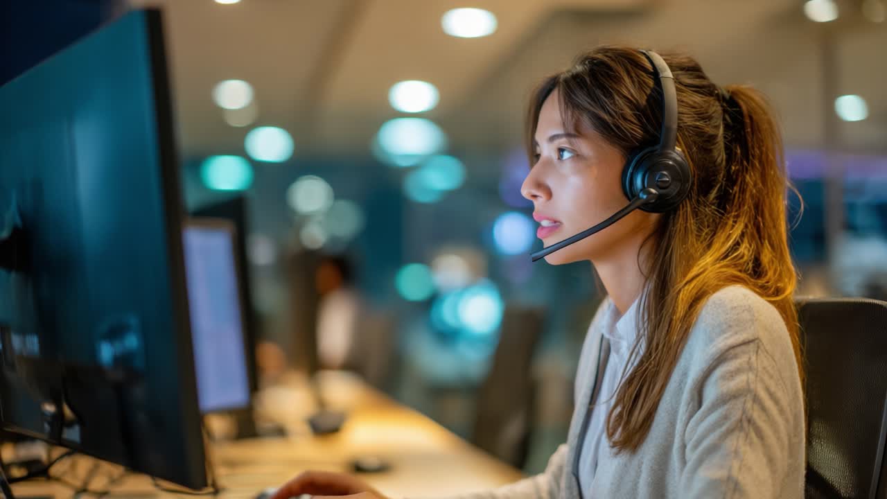 Focused Female Professional Working at a Computer with Headset in a Modern Office Environment, Engaging in Communication and Task Management, Portraying a Dedicated and Professional Attitude Towards Her Job Responsibilities