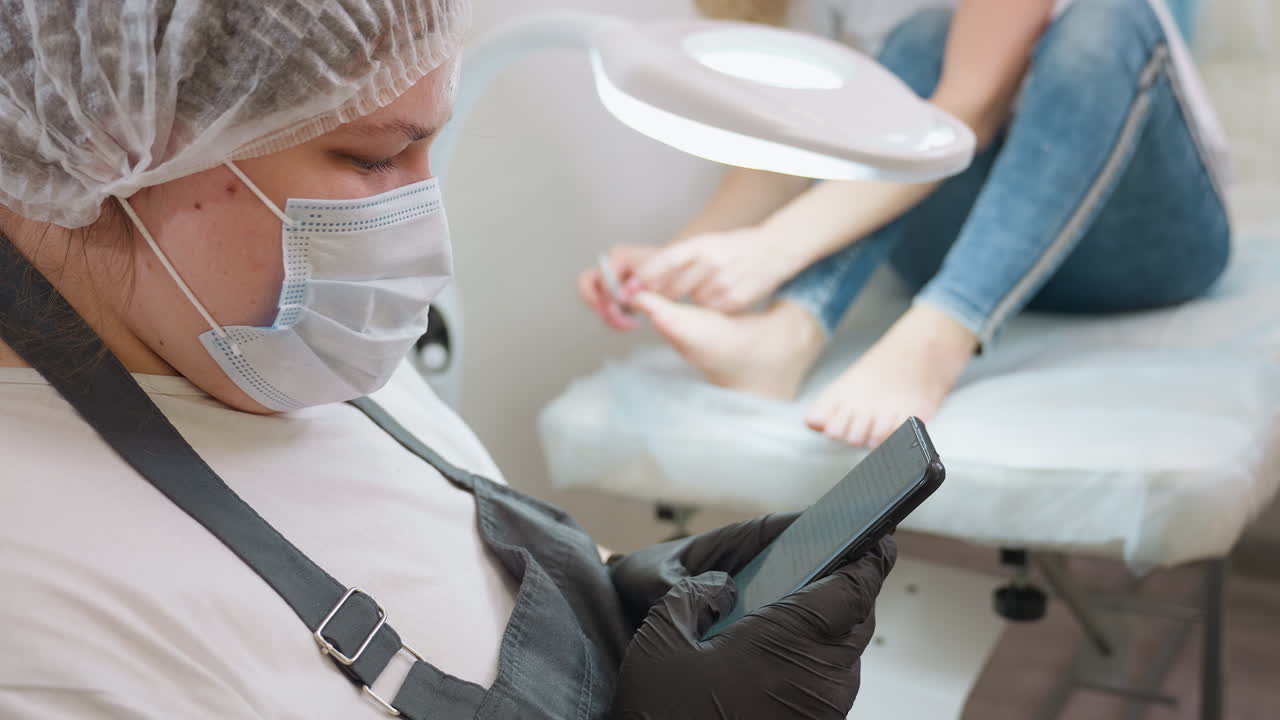 Close up view of technician in face mask and gloves typing on black phone while client in jeans and white top sits on pedicure bed filing toenails under bright salon lamp in clean setting