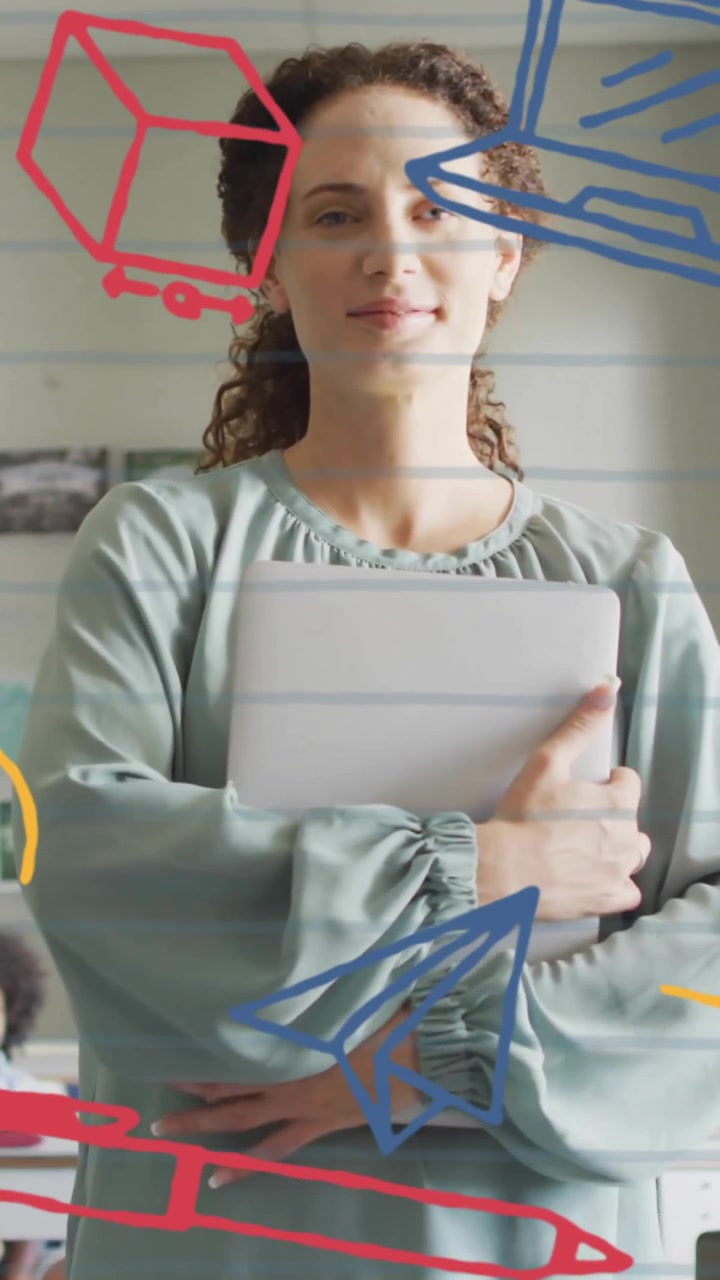 Animation von Symbolen für Schulmaterial über einer Lehrerin mit Schulkindern verschiedener Herkunft im Klassenzimmer