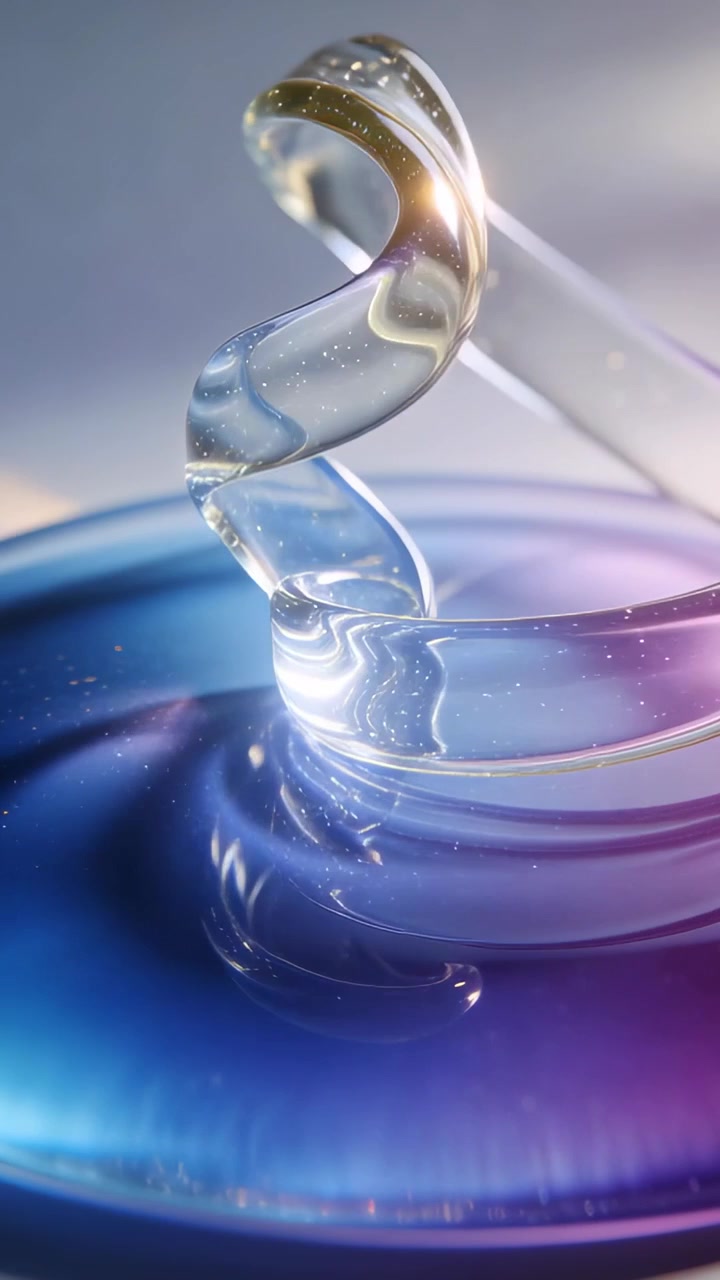 Vidéo verticale: Spirale claire s'élevant d'un anneau sur une base de studio bleu-violet, avec des bulles