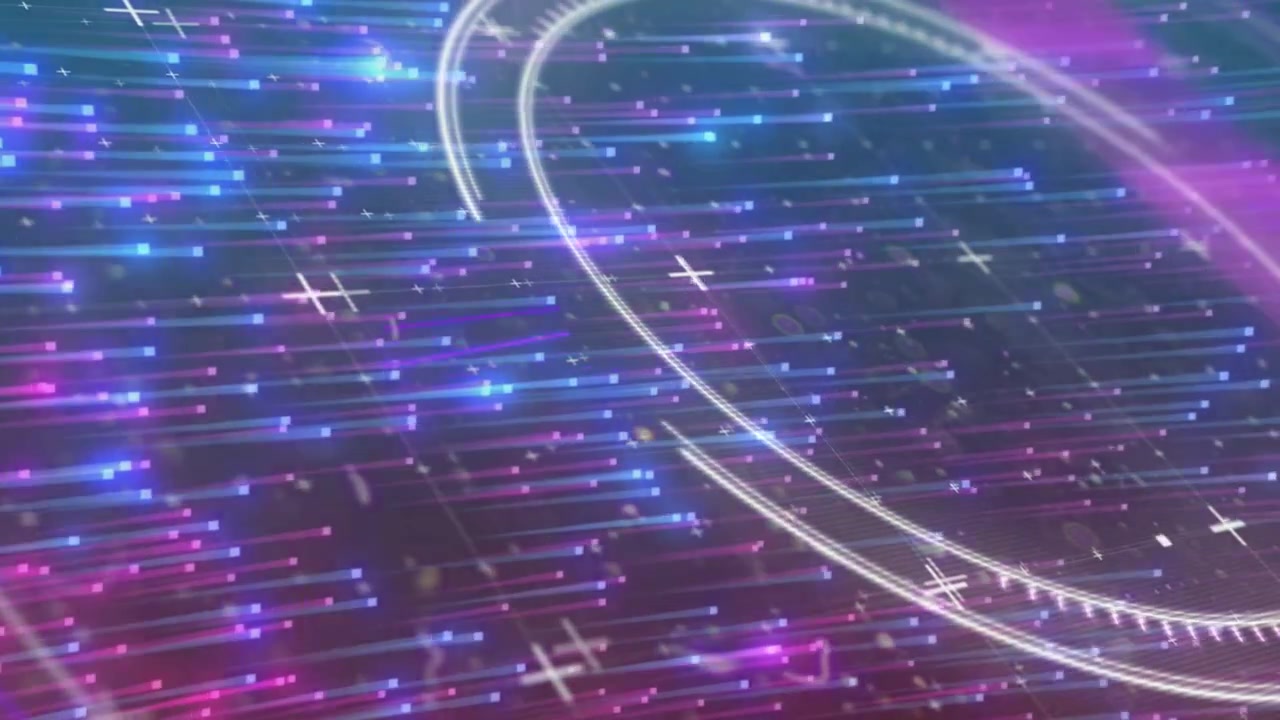 Inizio del fotogramma, campo neon che si sposta, anelli che ruotano, scie che scivolano, barre che spazzano, formando una griglia.