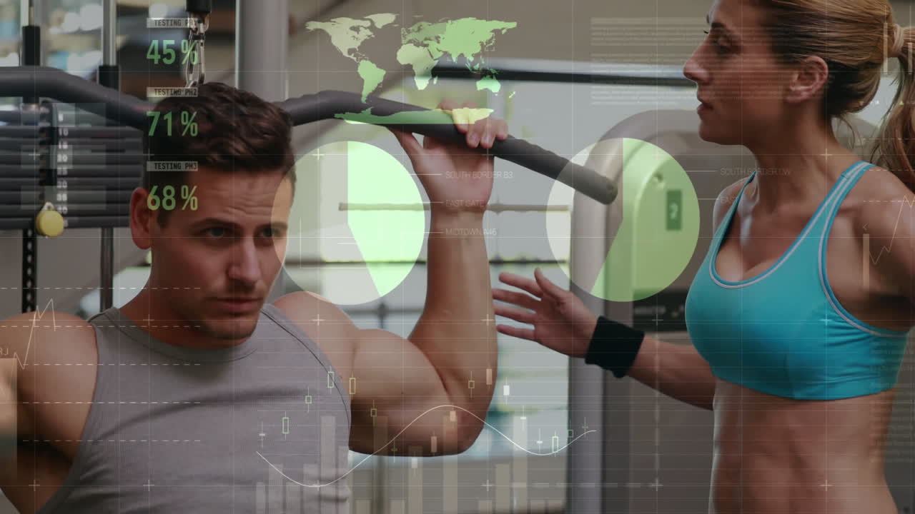 Exercising in gym, fitness data animation overlaying people working out