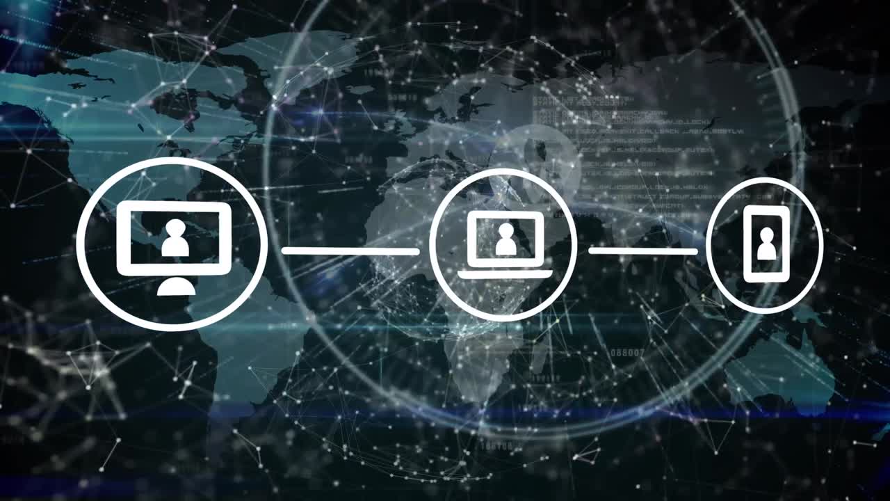 Animation of network of connections with icons and globe over black background