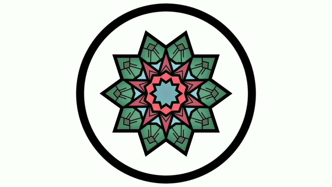 animación de patrones y diseños ornamentales coloridos dentro de un círculo, estallando y desvaneciéndose sobre fondo blanco