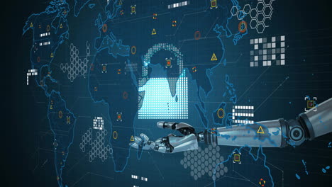 Interactuando-Con-Una-Red-Global,-Mano-Robótica-Procesando-Datos-Animados-Sobre-Un-Mapa-Del-Mundo