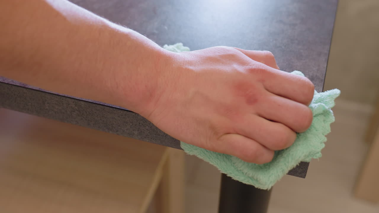 Aerial hand view wiping dark table surface with green cloth as light reflects across polished edge, showing gliding forward motion for dust removal, hygiene, and household cleanliness