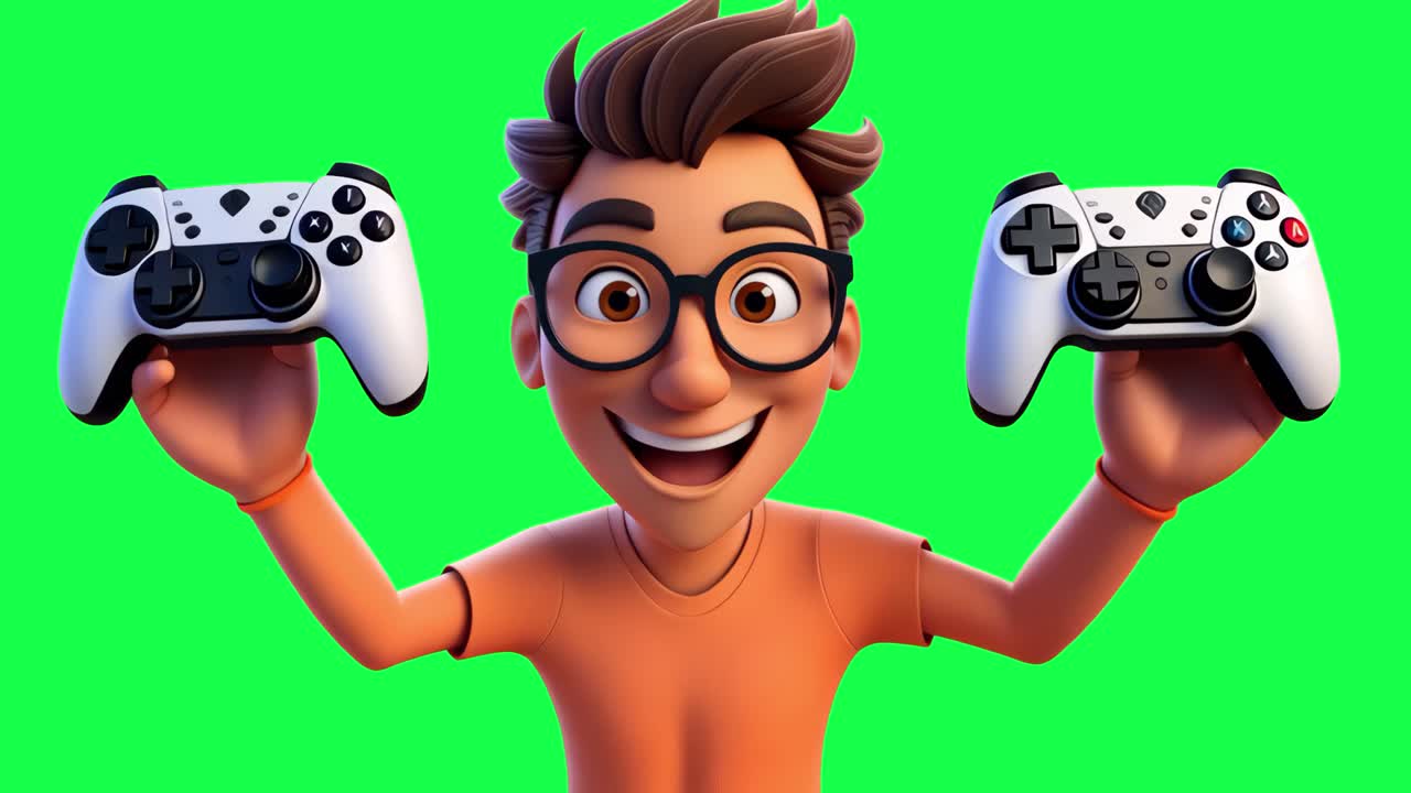 Animazione di giocatore animato che tiene in mano dei controller, video 4K trasparente, green screen