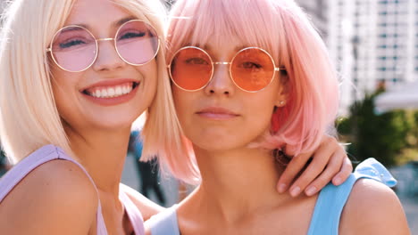 two women friends enjoying lollipops in the city