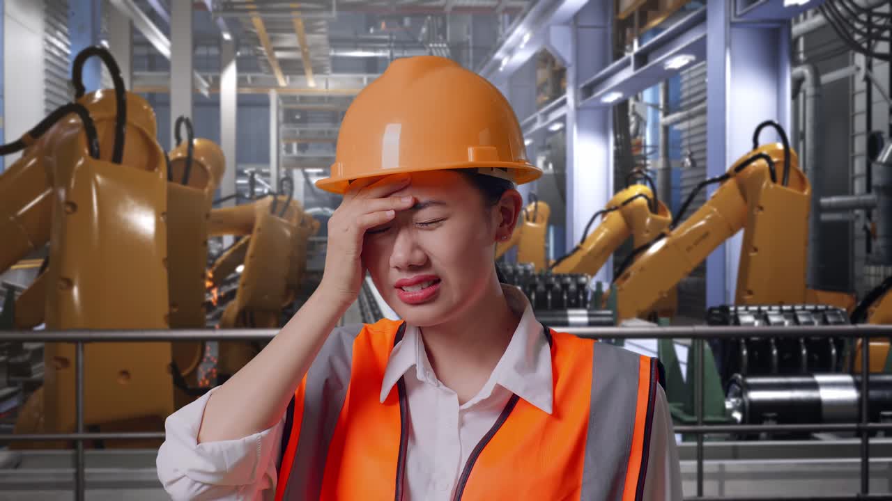 Close Up Of Asian Female Engineer With Safety Helmet Having A Headache While Working With Industrial Robotic Arms Working