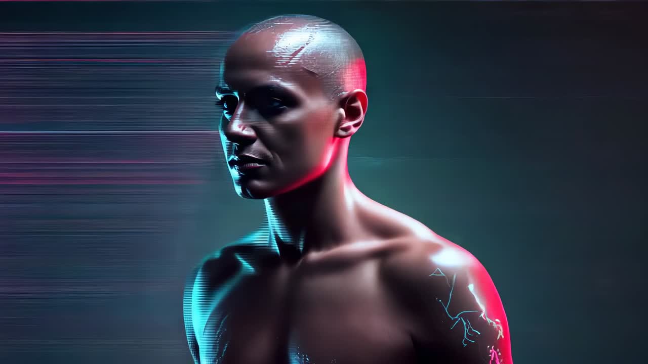 Blue glitch lines sliding behind avatar in studio, distorting profile to reveal circuit patterns