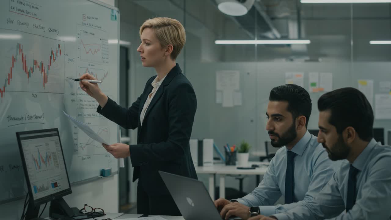 In a modern office environment, a professional woman presents complex data to her attentive colleagues, showcasing teamwork and analytical discussion about market trends and strategies