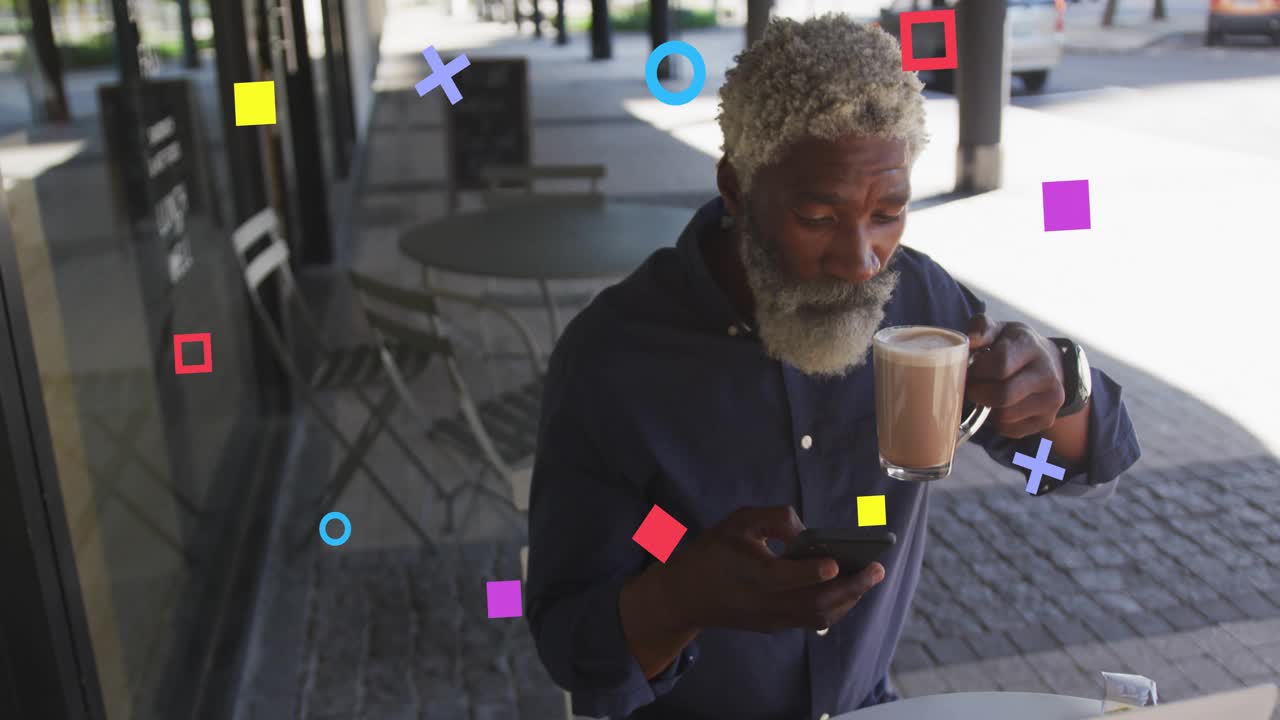 Man arriving cafe scrolling smartphone sipping coffee summoning growing shapes illustrating tech