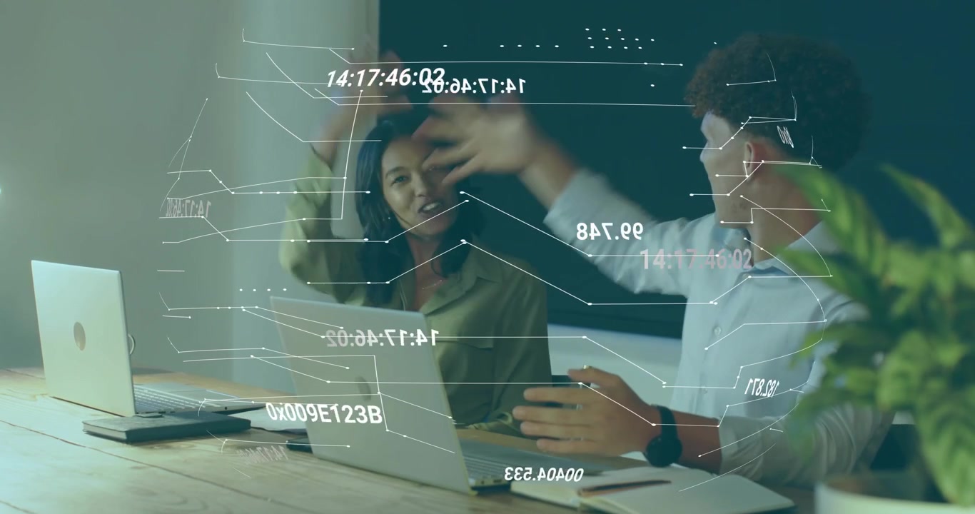 Business coworkers typing on laptops upon seeing result exchanging highfiving under 3D overlay