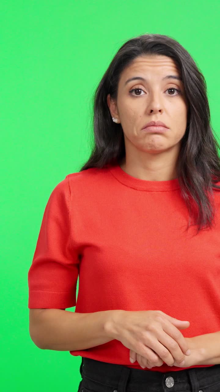 Confused Woman Shrugging and Gesturing on Green Screen