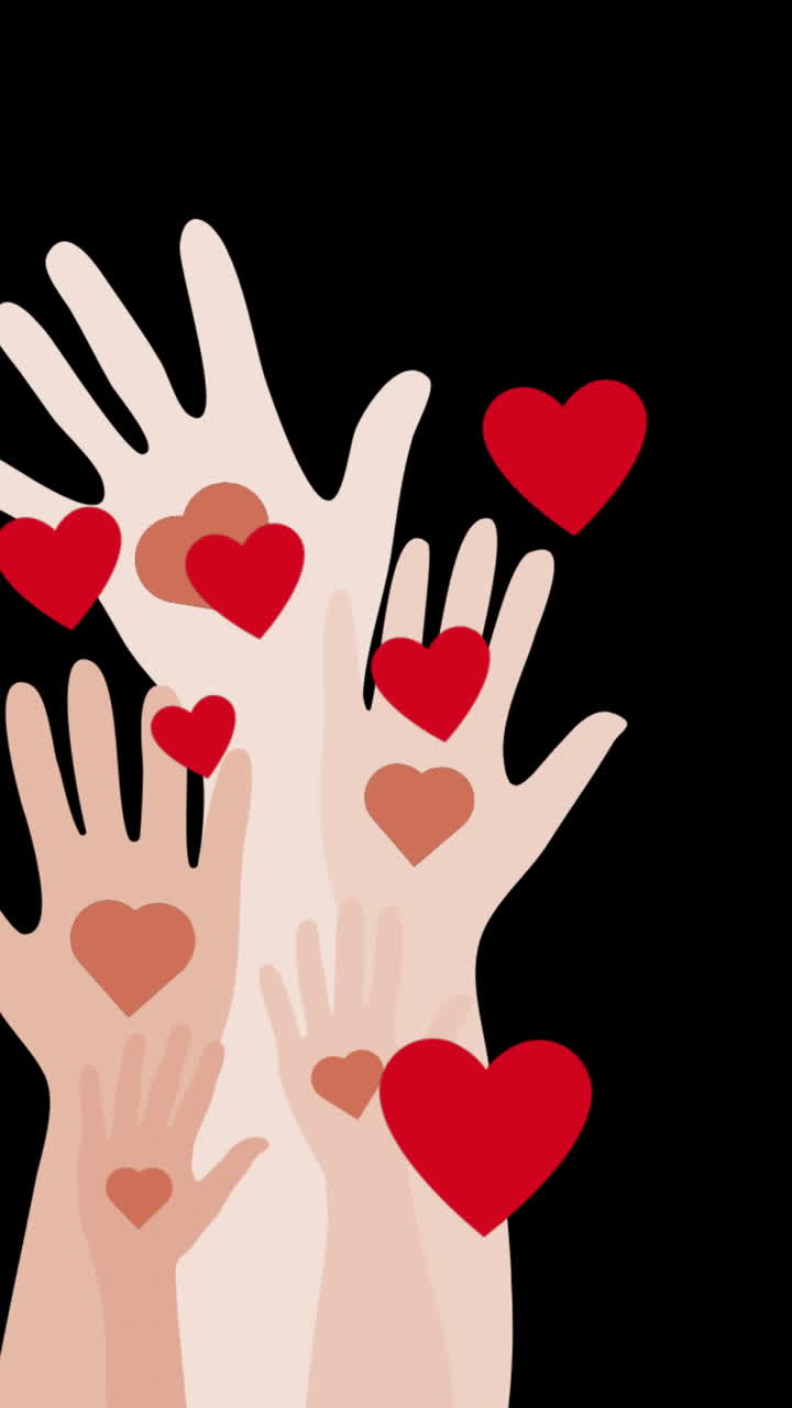 animación de los iconos de las manos y el corazón sobre fondo negro