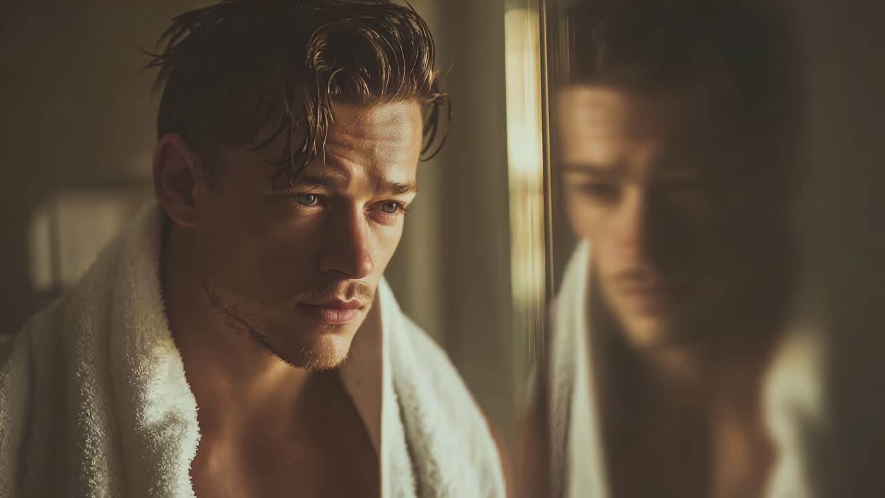 A contemplative moment captured in two frames, showcasing a young man's introspective expression and reflection, accentuated by soft lighting and a towel draped around his shoulders
