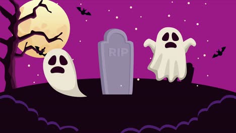 feliz halloween escena animada con fantasma en el cementerio