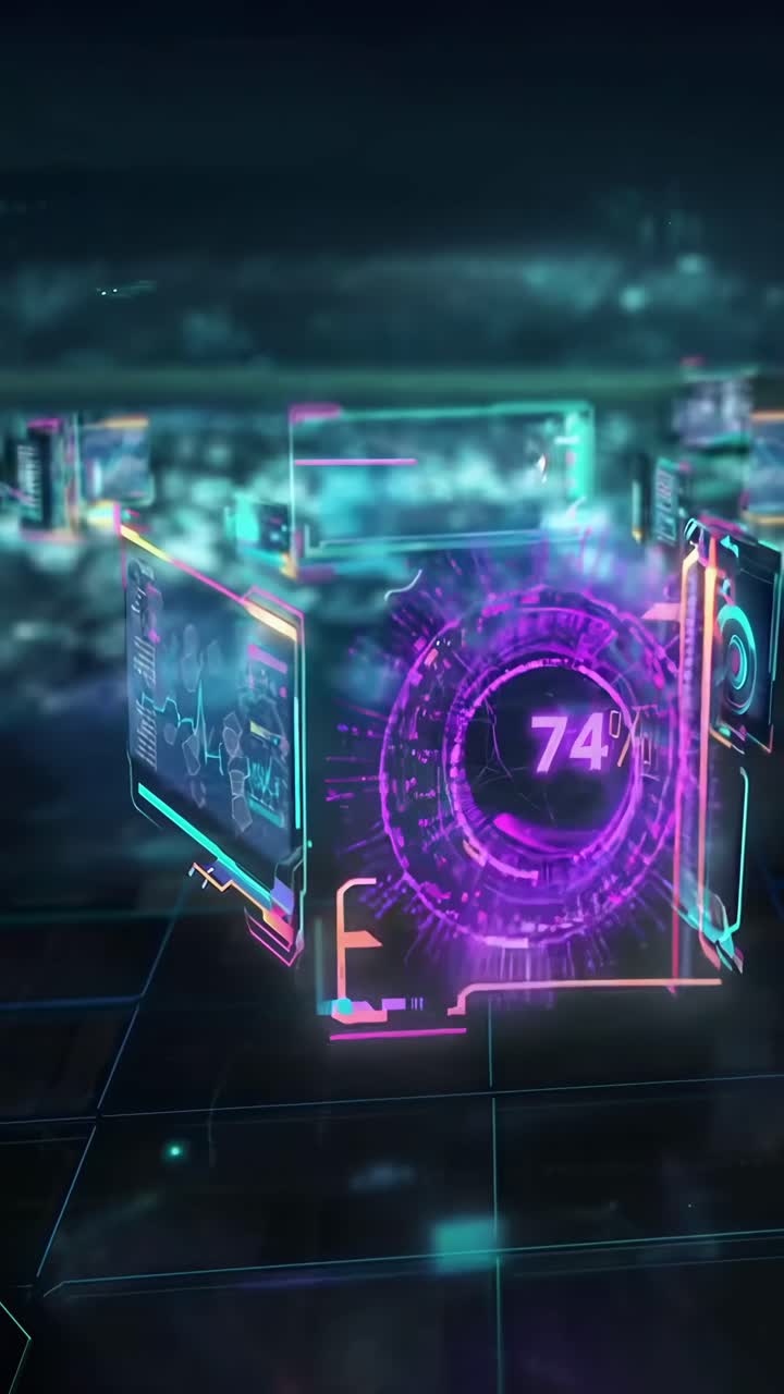 Futuristic video with a dynamic, angled view of floating digital screens and data visualizations