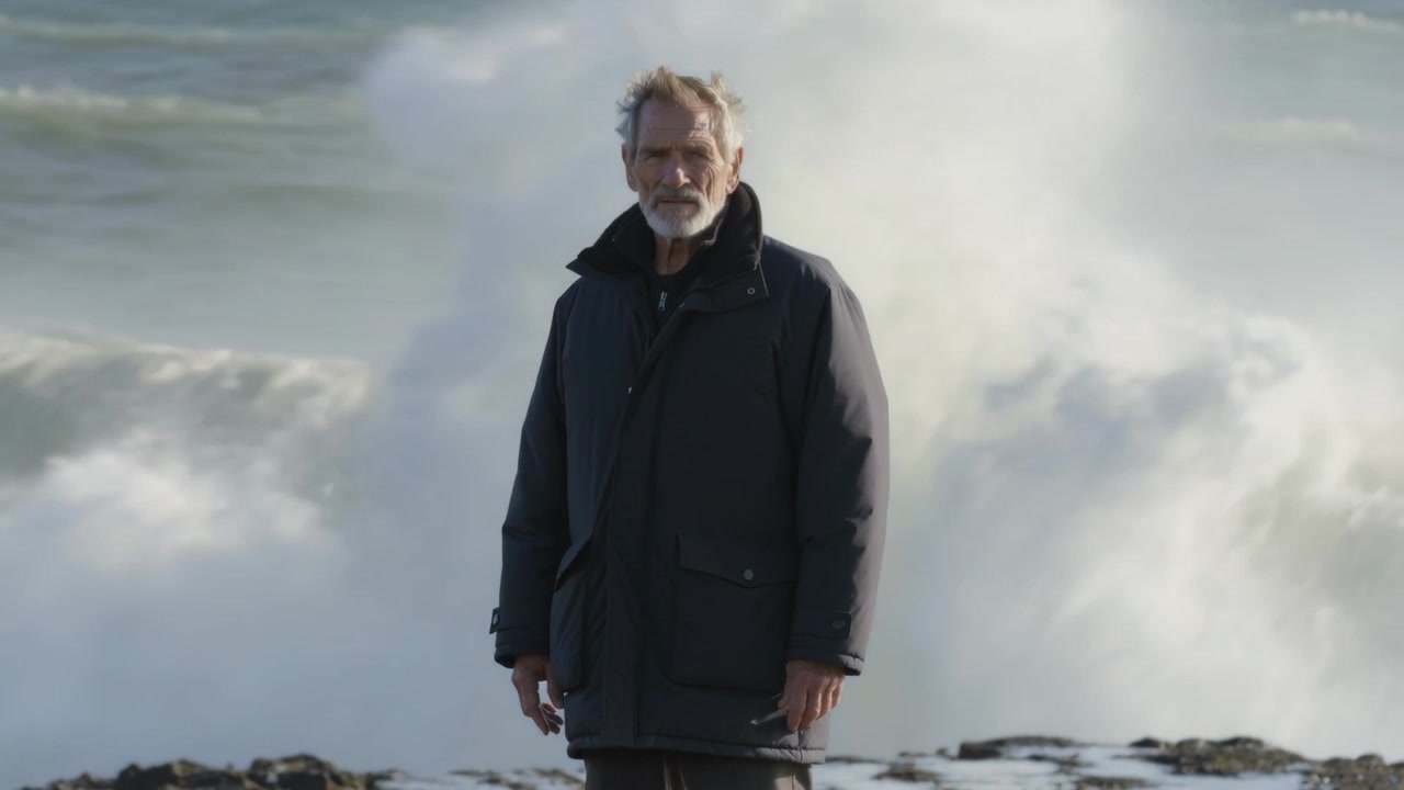 Standing elderly man watching swell cresting and breaking on rocky shoreline, wearing heavy parka