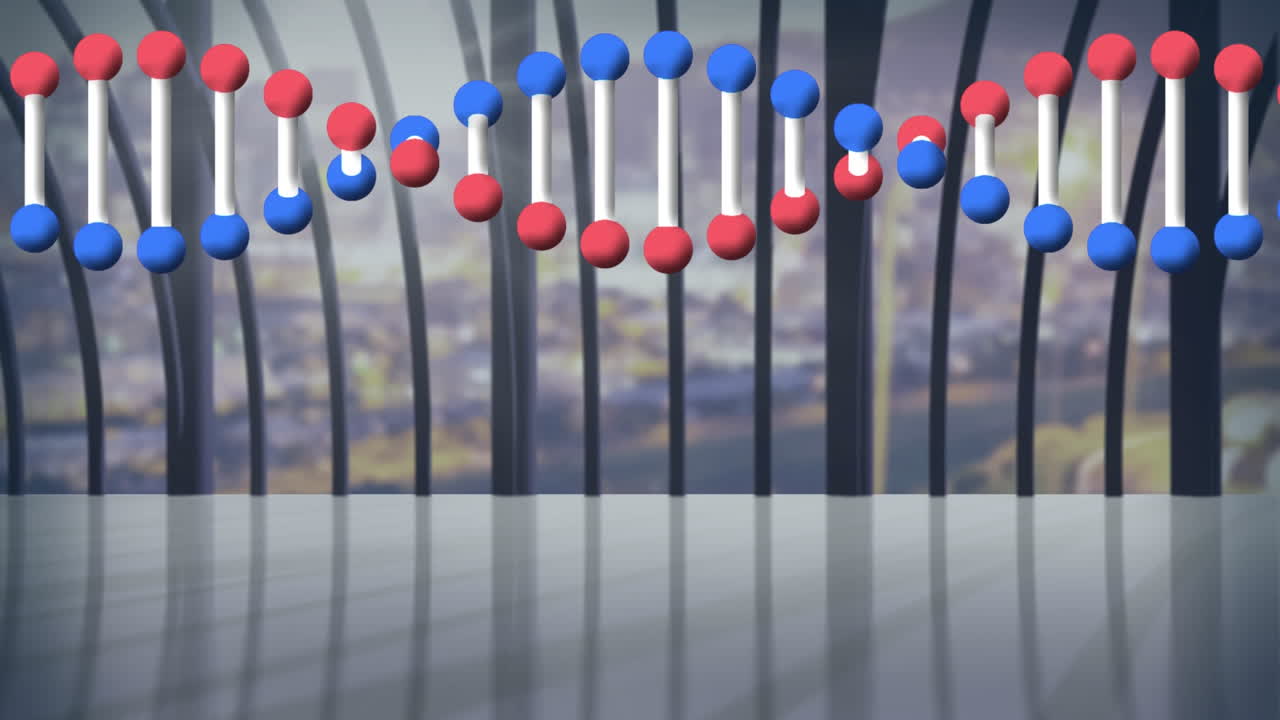현대 건물과 도시 풍경 위에 회전하는 dna 가닥의 애니메이션
