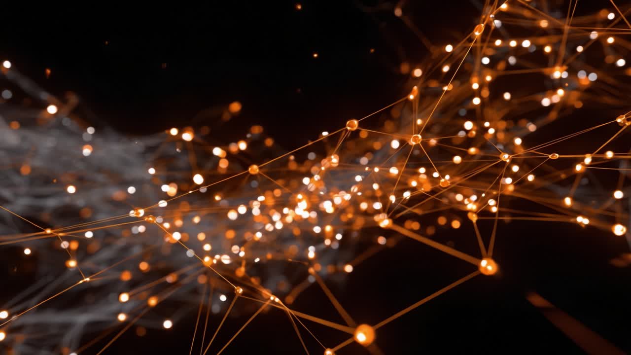 Abstract orange plexus structure with glowing nodes and connecting lines gently floating and rotating on a dark background, representing technology, communication, and big data concepts