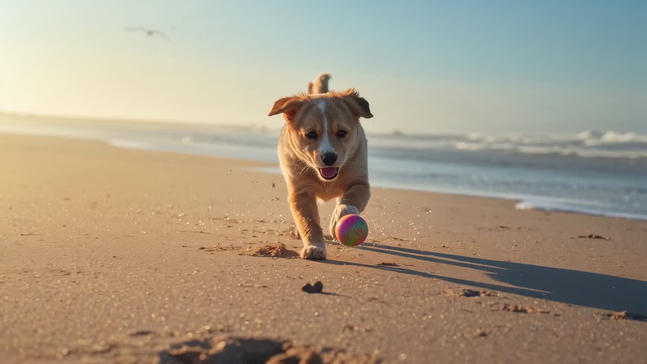 Pembroke corgi che corre inseguendo una palla di gomma verde-rosa lungo la spiaggia, schizzando sabbia bagnata
