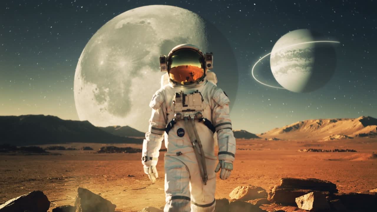 Gående astronaut begynder at nærme sig kameraet i hvid dragt over en rød slette, med gul visir.